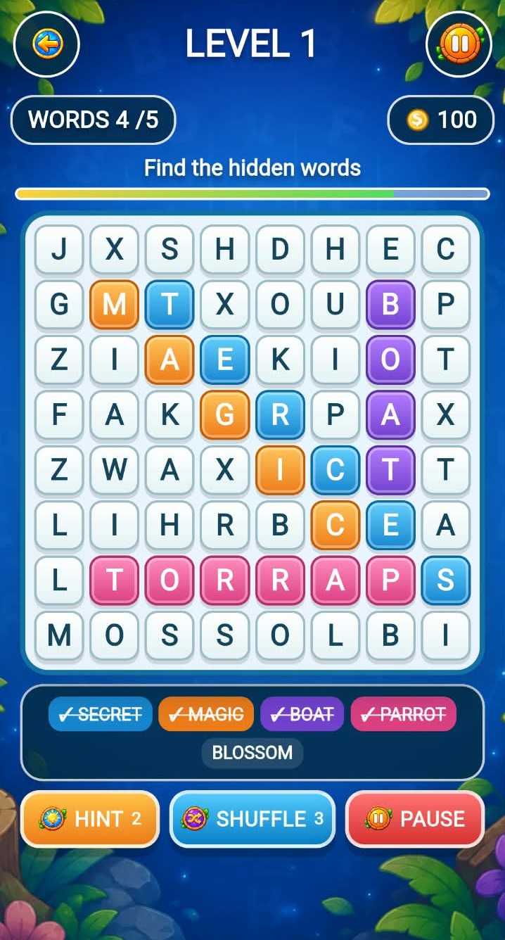 Word Search Adventure words in progress