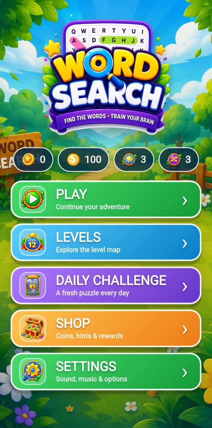 Word Search Adventure main menu