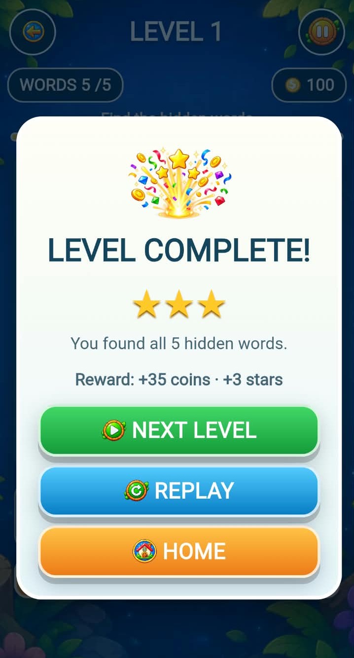 Word Search Adventure level complete